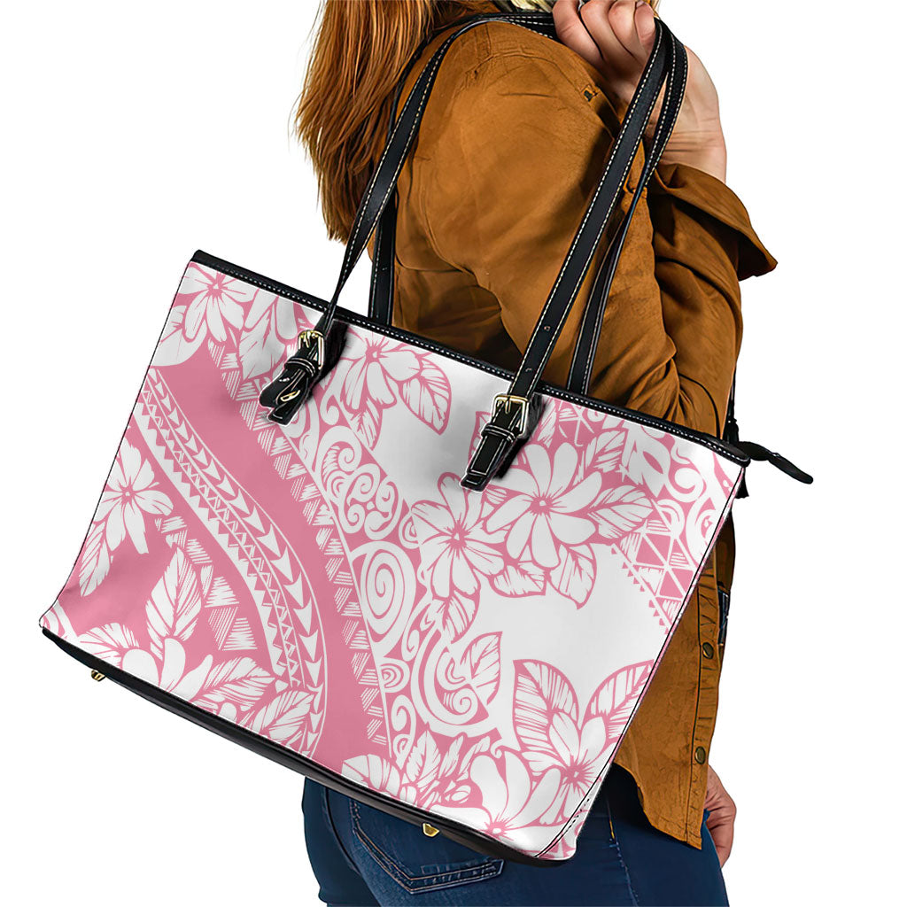 Polynesian Tiare Flower Pink Pastel Vibes Leather Tote Bag LT14 - Polynesian Pride