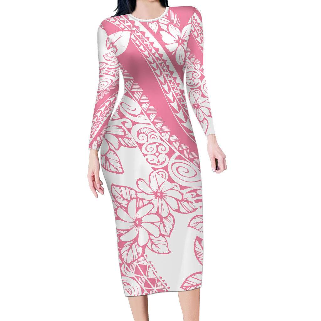 Polynesian Tiare Flower Pink Pastel Vibes Long Sleeve Bodycon Dress LT14 Long Dress Pink - Polynesian Pride