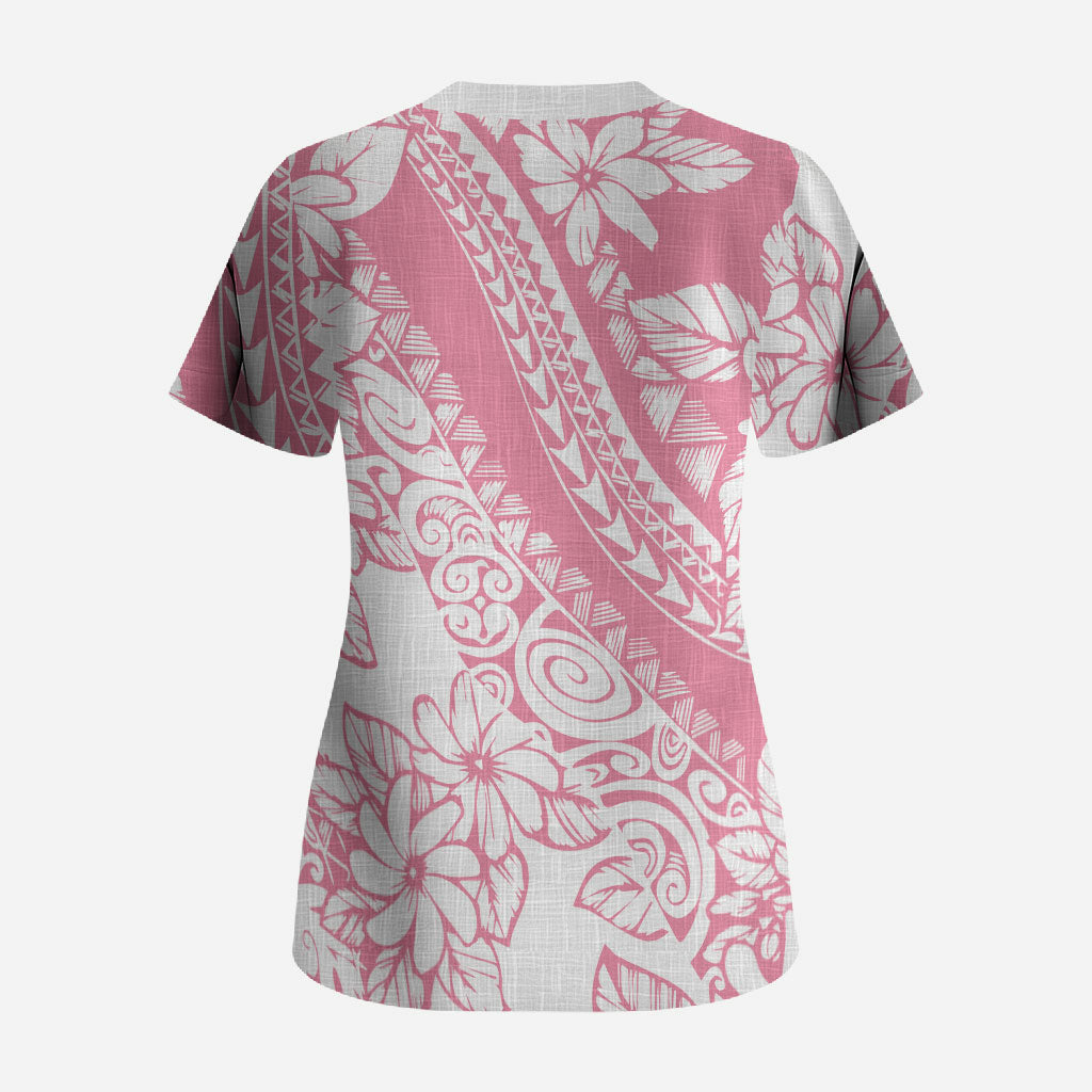 Polynesian Tiare Flower Pink Pastel Vibes Scrub Top LT14 - Polynesian Pride