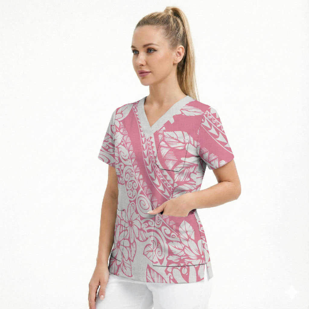 Polynesian Tiare Flower Pink Pastel Vibes Scrub Top LT14 - Polynesian Pride