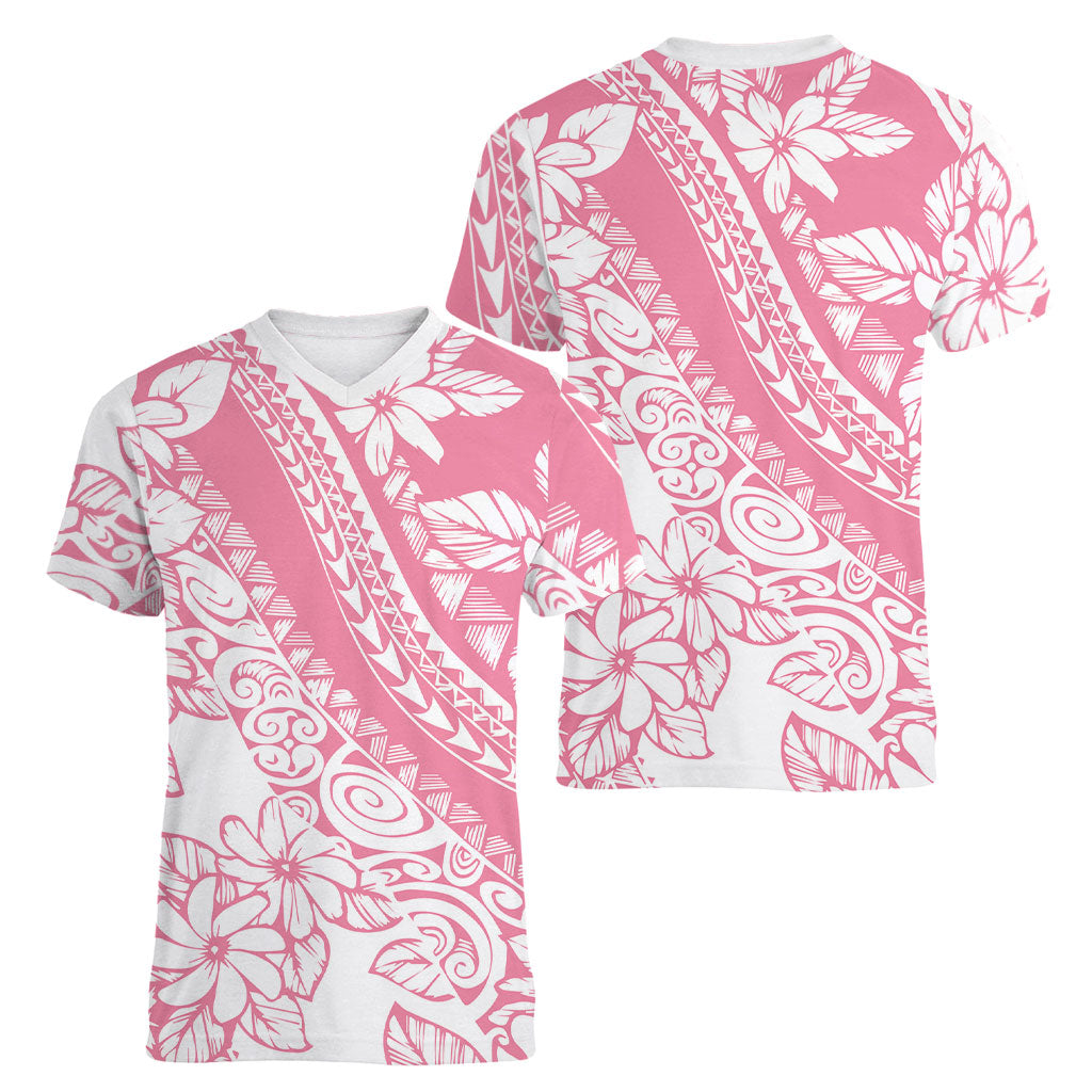 Polynesian Tiare Flower Pink Pastel Vibes Women V-Neck T-Shirt LT14 - Polynesian Pride