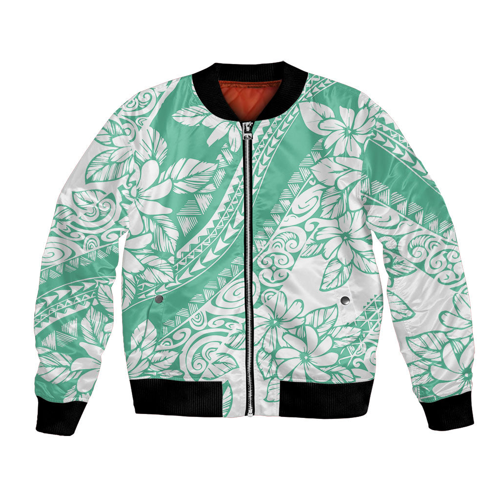 Polynesian Tiare Flower Cyan Pastel Vibes Bomber Jacket