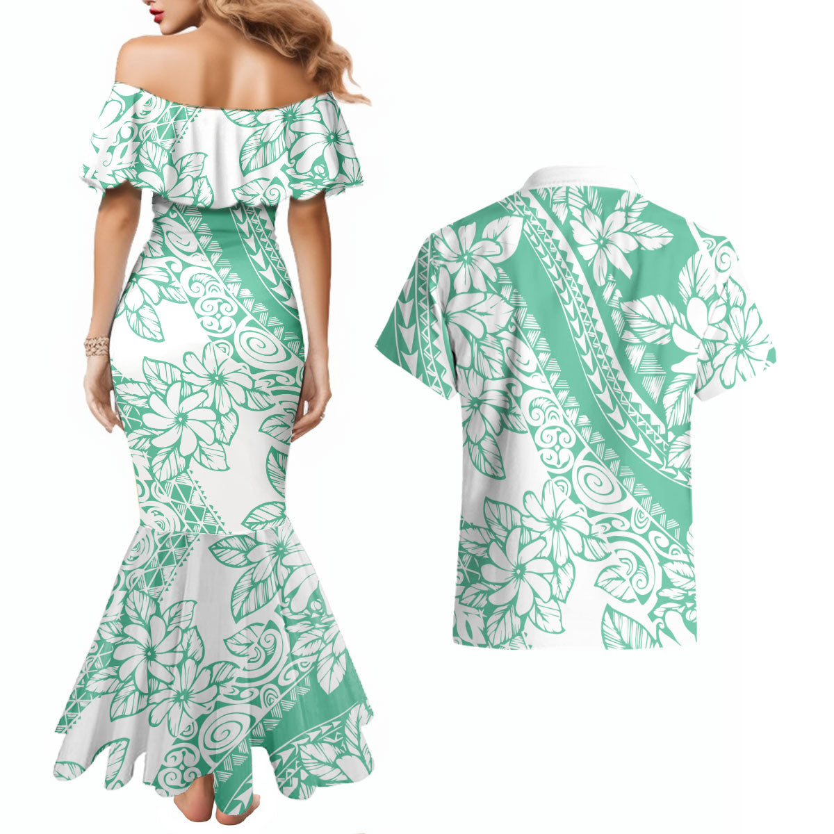 Polynesian Tiare Flower Cyan Pastel Vibes Couples Matching Mermaid Dress and Hawaiian Shirt