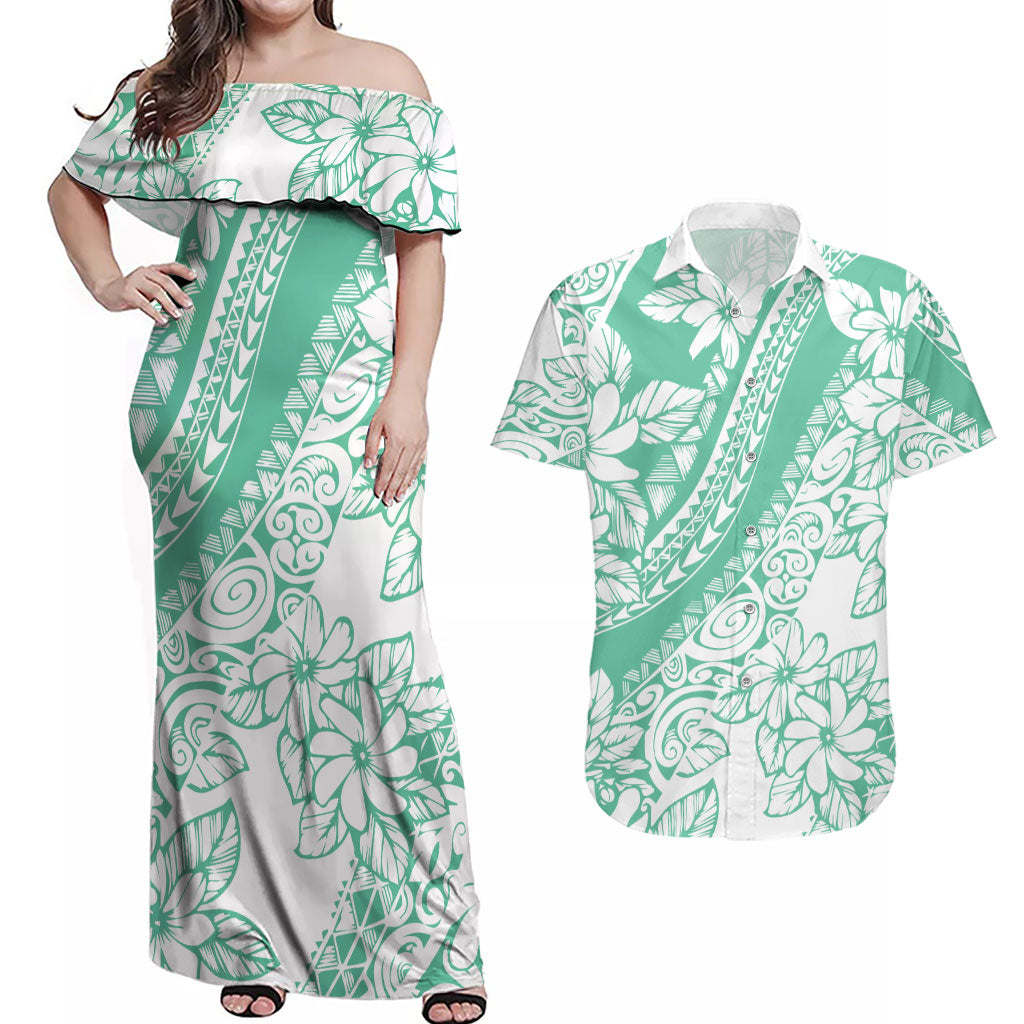 Polynesian Tiare Flower Cyan Pastel Vibes Couples Matching Off Shoulder Maxi Dress and Hawaiian Shirt LT14 Cyan - Polynesian Pride