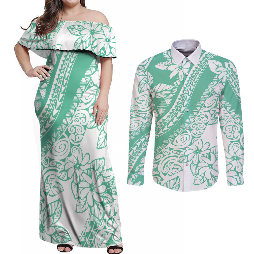 Polynesian Tiare Flower Cyan Pastel Vibes Couples Matching Off Shoulder Maxi Dress and Long Sleeve Button Shirt