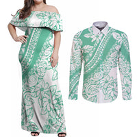 Polynesian Tiare Flower Cyan Pastel Vibes Couples Matching Off Shoulder Maxi Dress and Long Sleeve Button Shirt