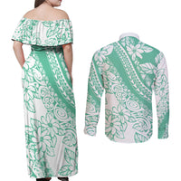 Polynesian Tiare Flower Cyan Pastel Vibes Couples Matching Off Shoulder Maxi Dress and Long Sleeve Button Shirt