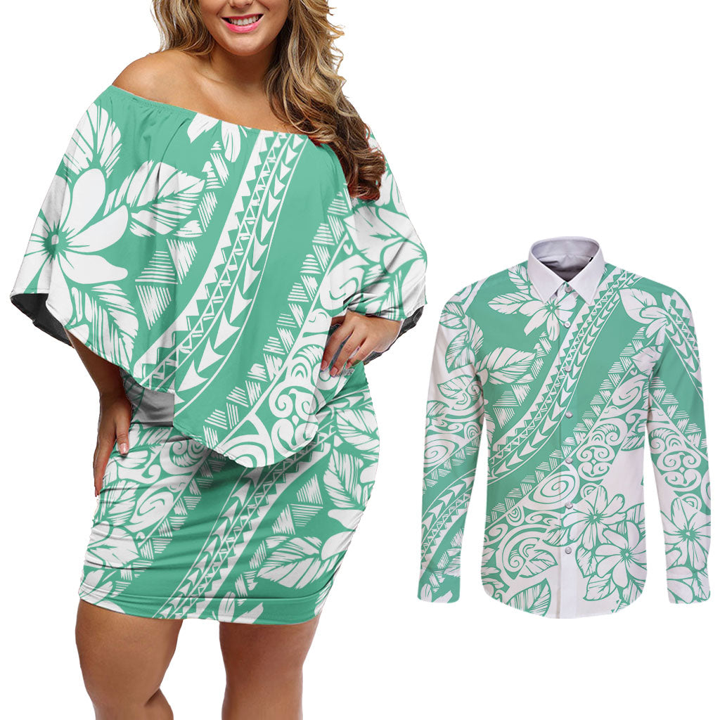 Polynesian Tiare Flower Cyan Pastel Vibes Couples Matching Off Shoulder Short Dress and Long Sleeve Button Shirt LT14 Cyan - Polynesian Pride