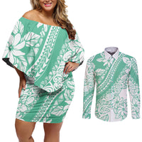 Polynesian Tiare Flower Cyan Pastel Vibes Couples Matching Off Shoulder Short Dress and Long Sleeve Button Shirt