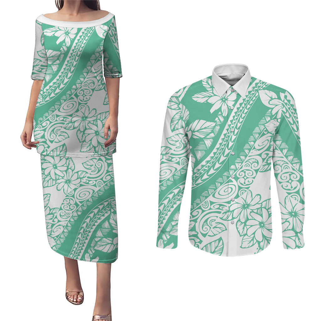 Polynesian Tiare Flower Cyan Pastel Vibes Couples Matching Puletasi and Long Sleeve Button Shirt LT14 Cyan - Polynesian Pride