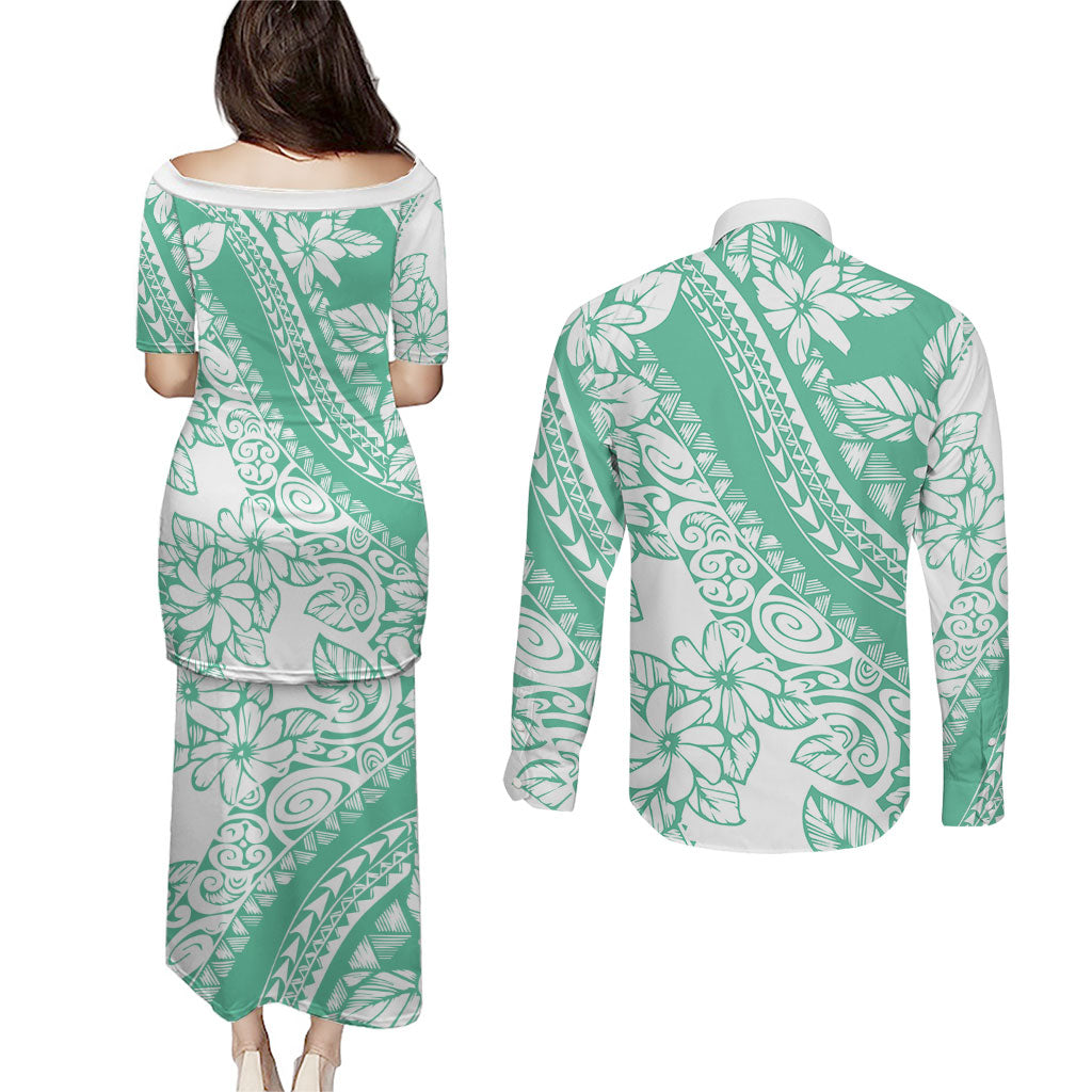 Polynesian Tiare Flower Cyan Pastel Vibes Couples Matching Puletasi and Long Sleeve Button Shirt LT14 - Polynesian Pride