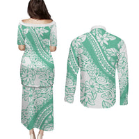 Polynesian Tiare Flower Cyan Pastel Vibes Couples Matching Puletasi and Long Sleeve Button Shirt LT14 - Polynesian Pride