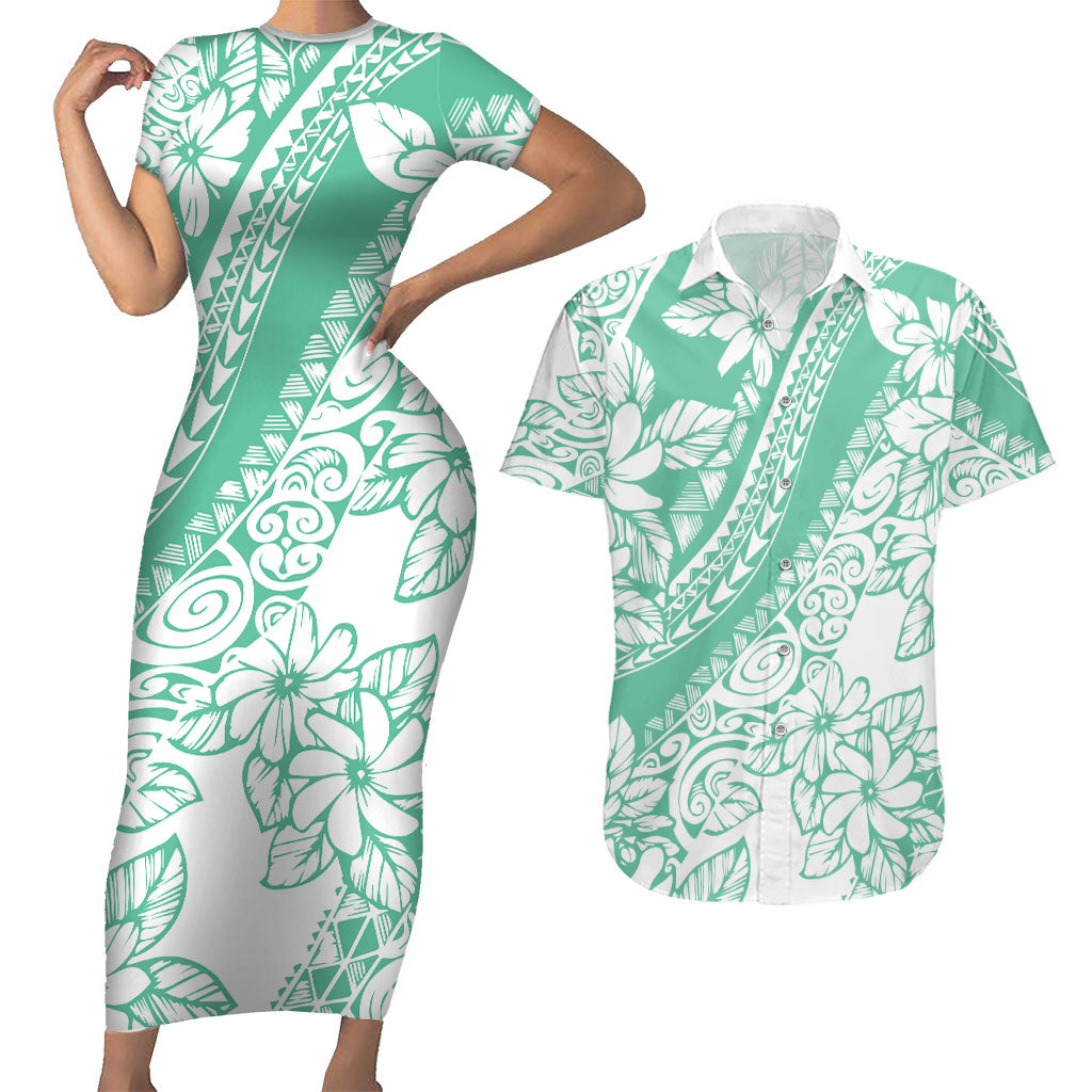 Polynesian Tiare Flower Cyan Pastel Vibes Couples Matching Short Sleeve Bodycon Dress and Hawaiian Shirt LT14 Cyan - Polynesian Pride