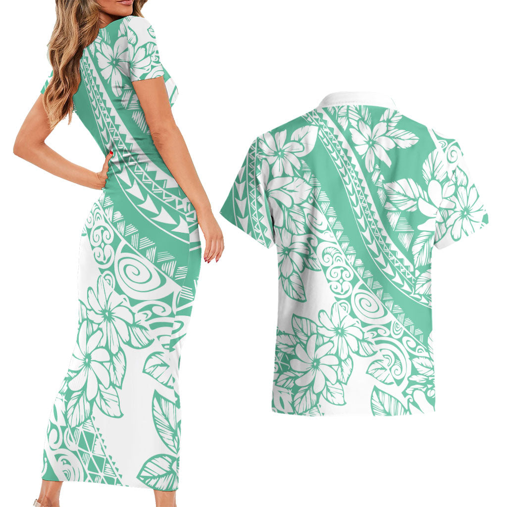 Polynesian Tiare Flower Cyan Pastel Vibes Couples Matching Short Sleeve Bodycon Dress and Hawaiian Shirt