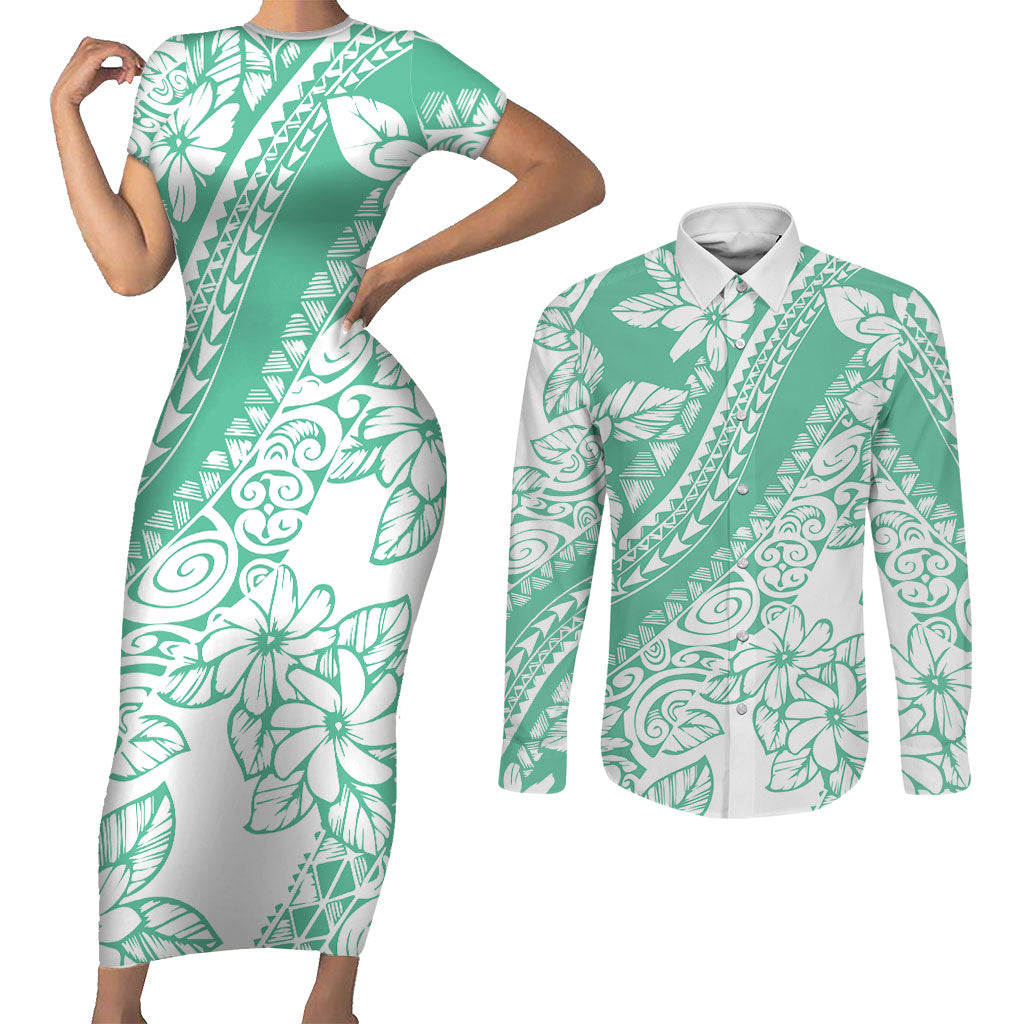 Polynesian Tiare Flower Cyan Pastel Vibes Couples Matching Short Sleeve Bodycon Dress and Long Sleeve Button Shirt LT14 Cyan - Polynesian Pride