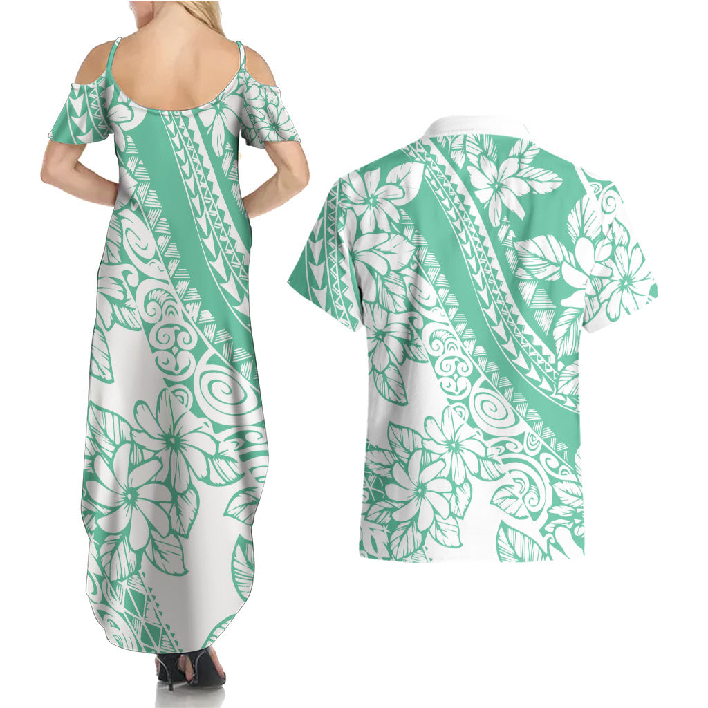 Polynesian Tiare Flower Cyan Pastel Vibes Couples Matching Summer Maxi Dress and Hawaiian Shirt LT14 - Polynesian Pride