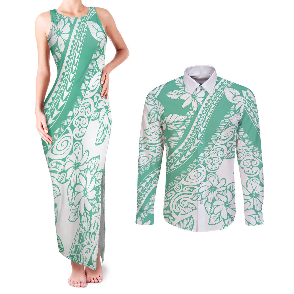 Polynesian Tiare Flower Cyan Pastel Vibes Couples Matching Tank Maxi Dress and Long Sleeve Button Shirt LT14 Cyan - Polynesian Pride
