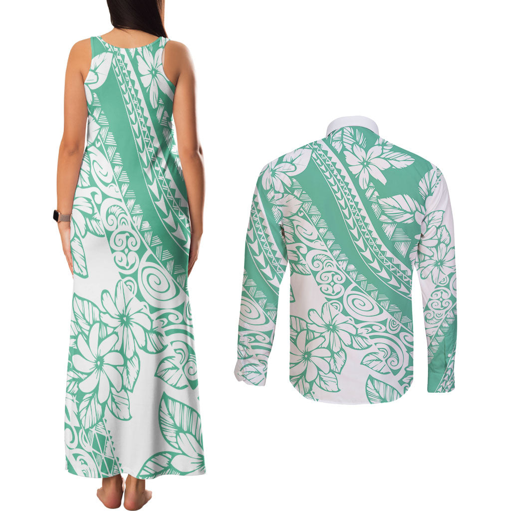 Polynesian Tiare Flower Cyan Pastel Vibes Couples Matching Tank Maxi Dress and Long Sleeve Button Shirt LT14 - Polynesian Pride