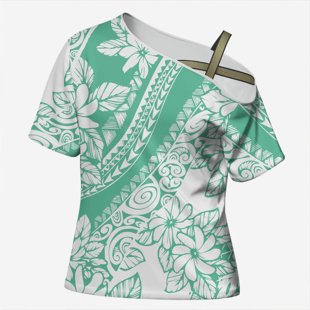Polynesian Tiare Flower Cyan Pastel Vibes Cross Shoulder Shirt LT14 Female Cyan - Polynesian Pride