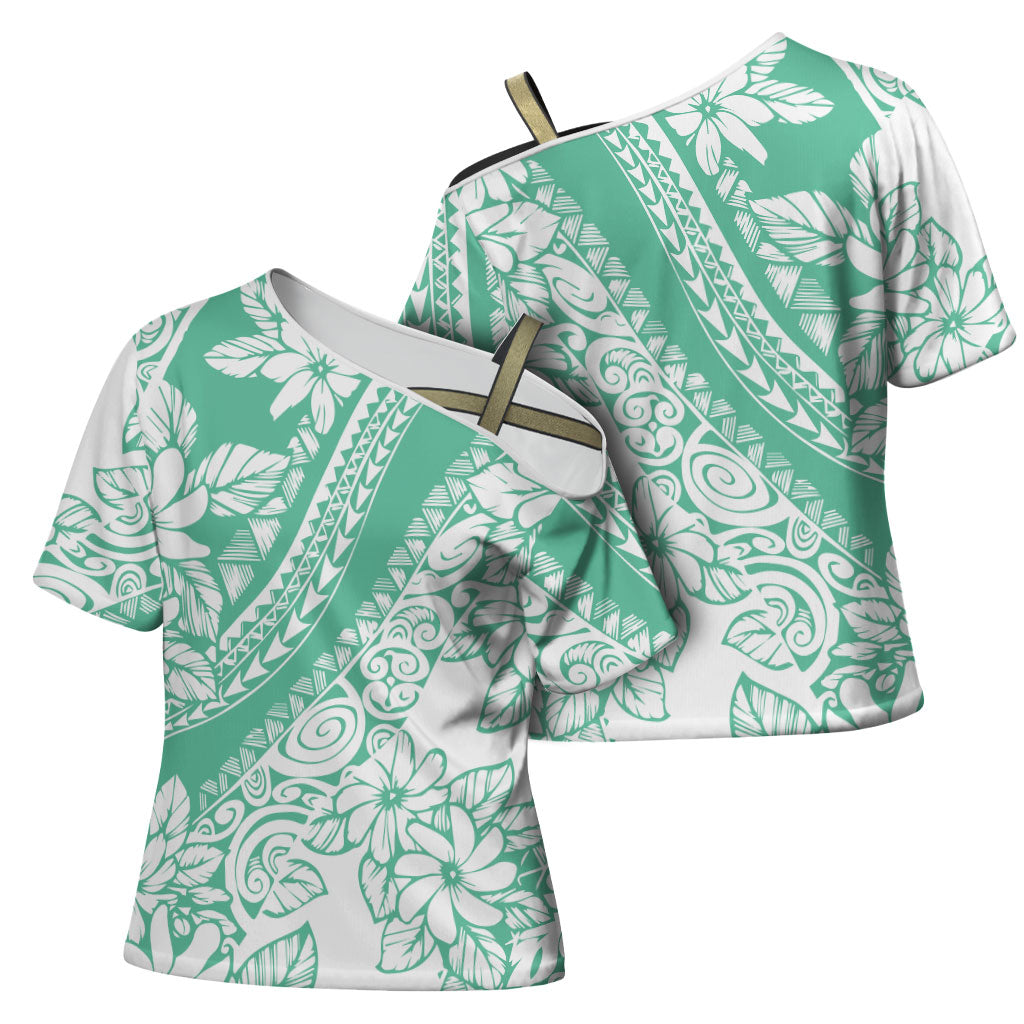 Polynesian Tiare Flower Cyan Pastel Vibes Cross Shoulder Shirt LT14 - Polynesian Pride