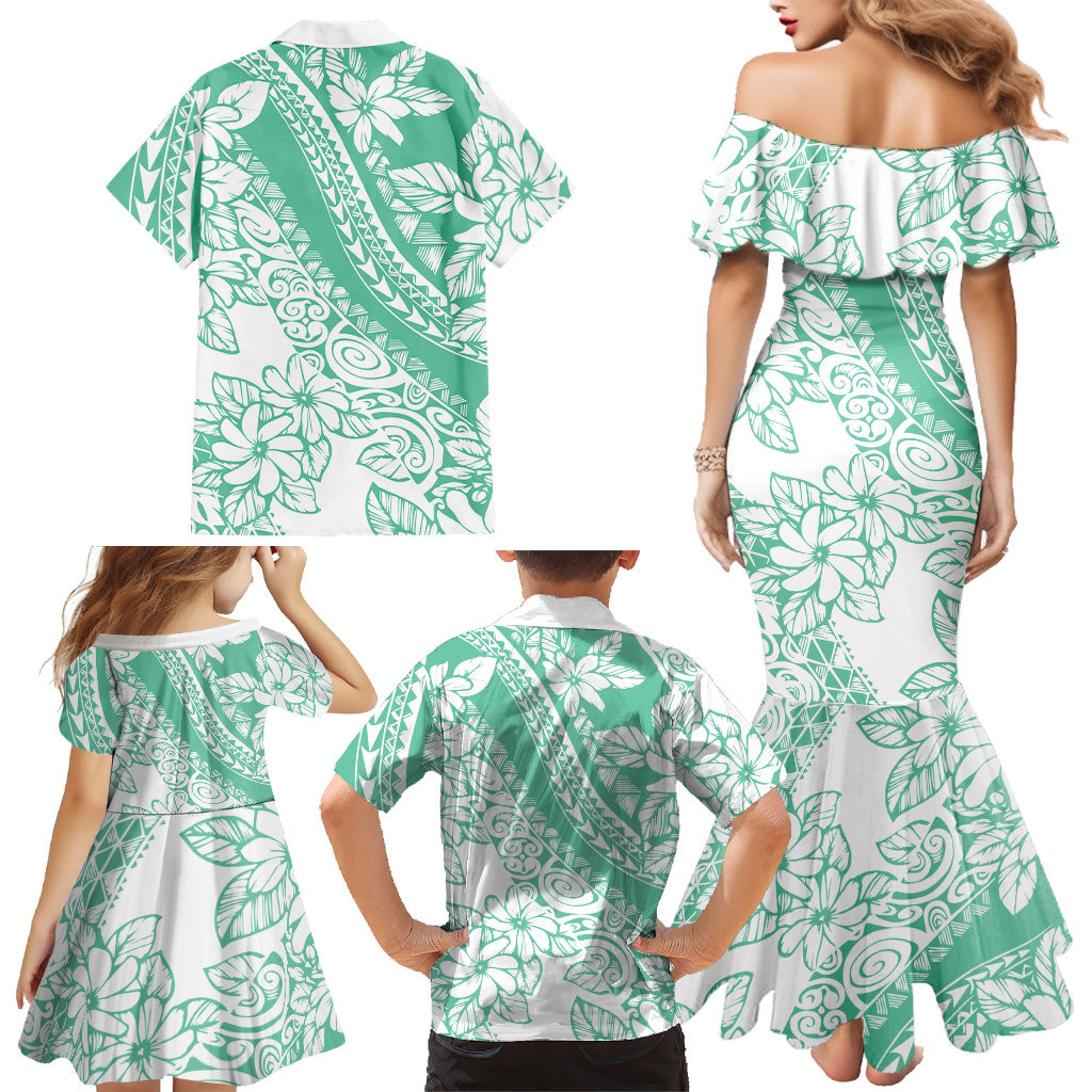 Polynesian Tiare Flower Cyan Pastel Vibes Family Matching Mermaid Dress and Hawaiian Shirt