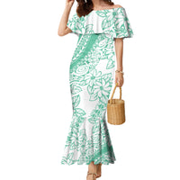 Polynesian Tiare Flower Cyan Pastel Vibes Family Matching Mermaid Dress and Hawaiian Shirt