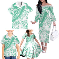Polynesian Tiare Flower Cyan Pastel Vibes Family Matching Off The Shoulder Long Sleeve Dress and Hawaiian Shirt