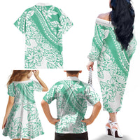 Polynesian Tiare Flower Cyan Pastel Vibes Family Matching Off The Shoulder Long Sleeve Dress and Hawaiian Shirt