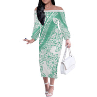 Polynesian Tiare Flower Cyan Pastel Vibes Family Matching Off The Shoulder Long Sleeve Dress and Hawaiian Shirt