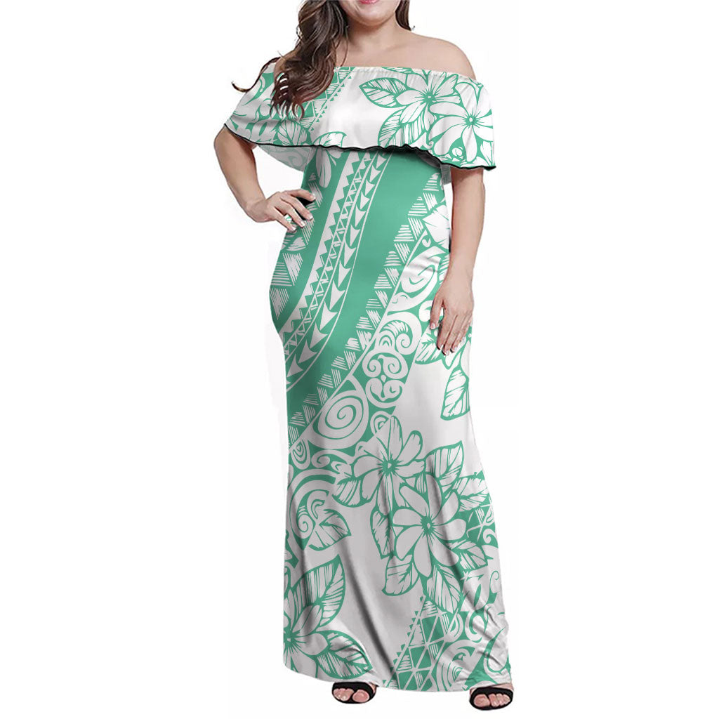 Polynesian Tiare Flower Cyan Pastel Vibes Family Matching Off Shoulder Maxi Dress and Hawaiian Shirt