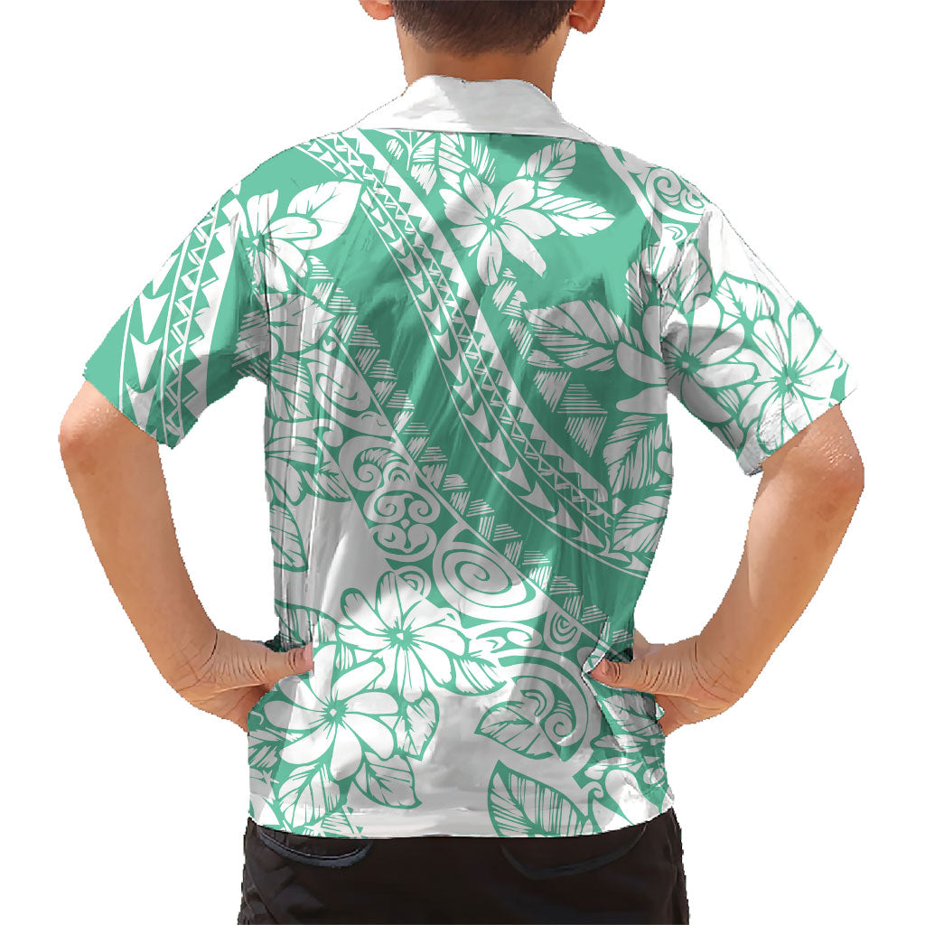 Polynesian Tiare Flower Cyan Pastel Vibes Family Matching Off Shoulder Short Dress and Hawaiian Shirt
