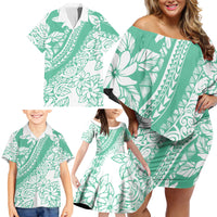 Polynesian Tiare Flower Cyan Pastel Vibes Family Matching Off Shoulder Short Dress and Hawaiian Shirt