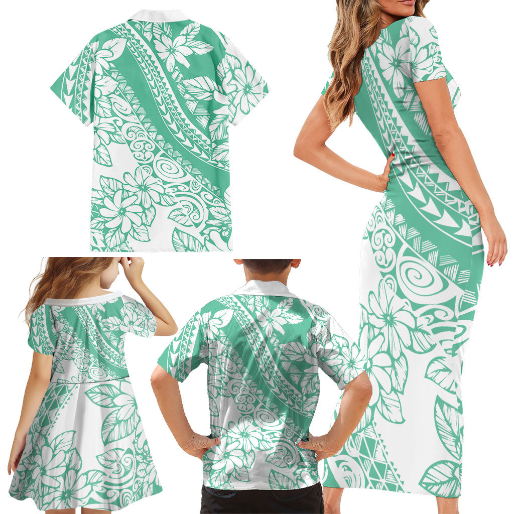 Polynesian Tiare Flower Cyan Pastel Vibes Family Matching Short Sleeve Bodycon Dress and Hawaiian Shirt