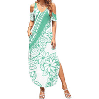 Polynesian Tiare Flower Cyan Pastel Vibes Family Matching Summer Maxi Dress and Hawaiian Shirt