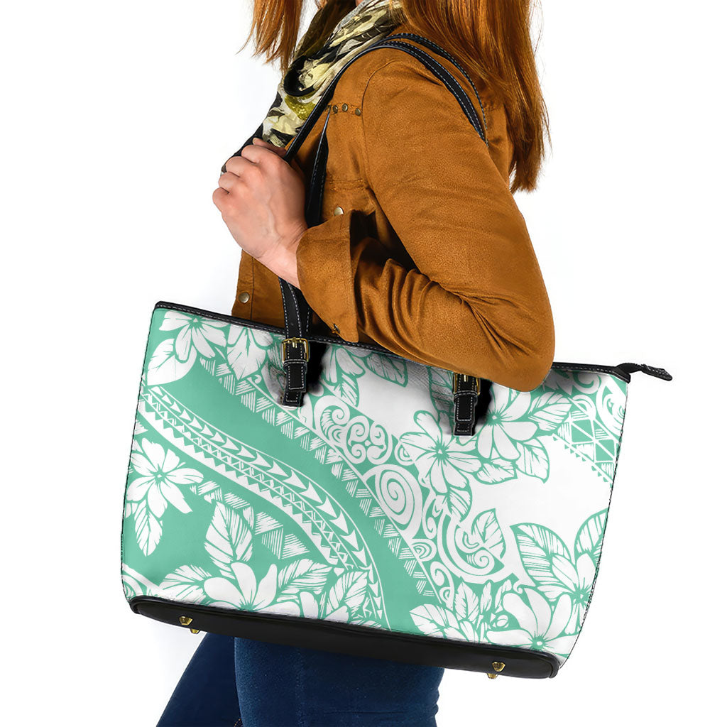 Polynesian Tiare Flower Cyan Pastel Vibes Leather Tote Bag LT14 Cyan - Polynesian Pride