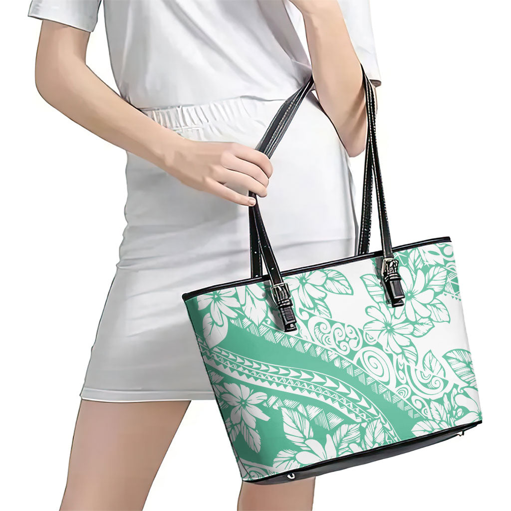 Polynesian Tiare Flower Cyan Pastel Vibes Leather Tote Bag LT14 - Polynesian Pride