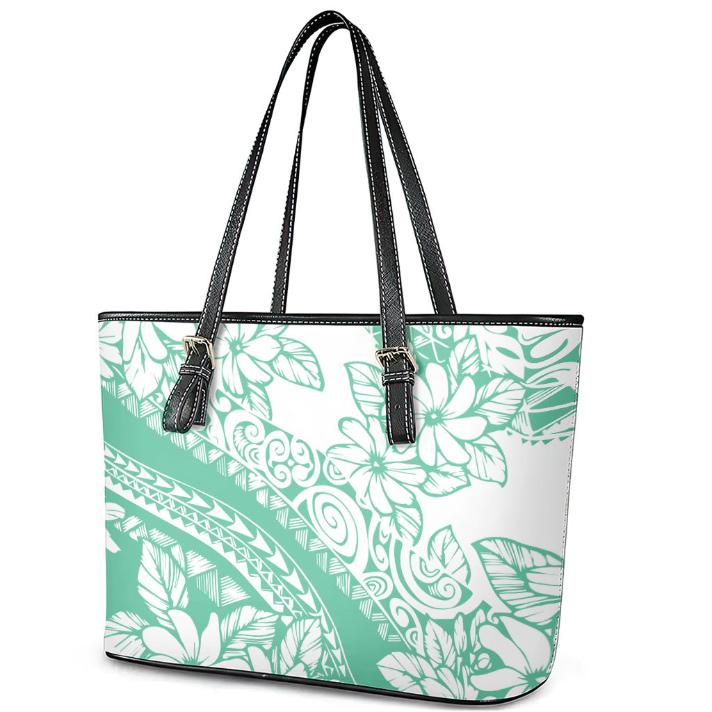 Polynesian Tiare Flower Cyan Pastel Vibes Leather Tote Bag LT14 - Polynesian Pride