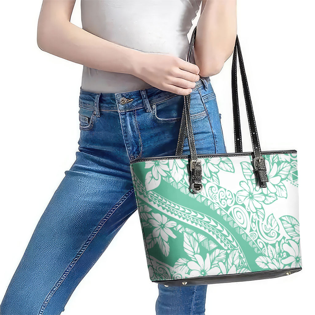 Polynesian Tiare Flower Cyan Pastel Vibes Leather Tote Bag LT14 - Polynesian Pride
