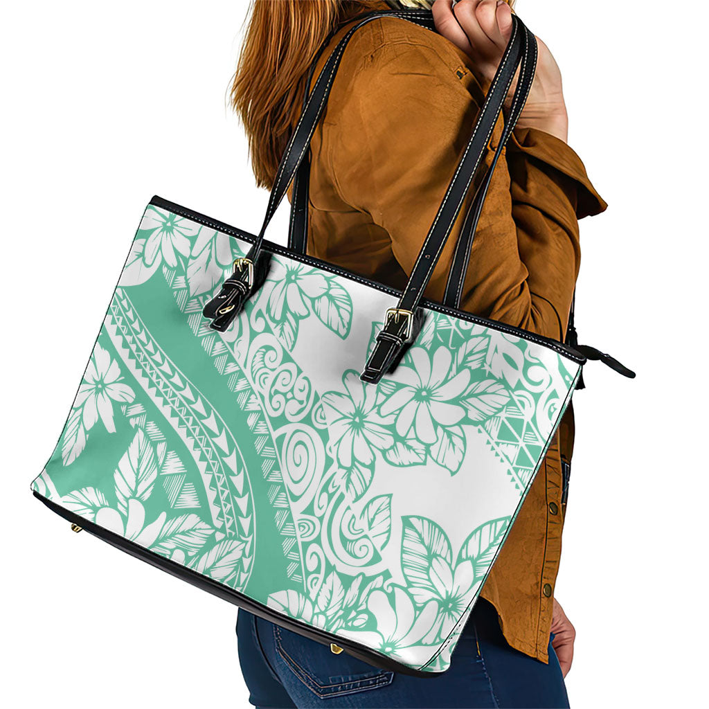 Polynesian Tiare Flower Cyan Pastel Vibes Leather Tote Bag LT14 - Polynesian Pride