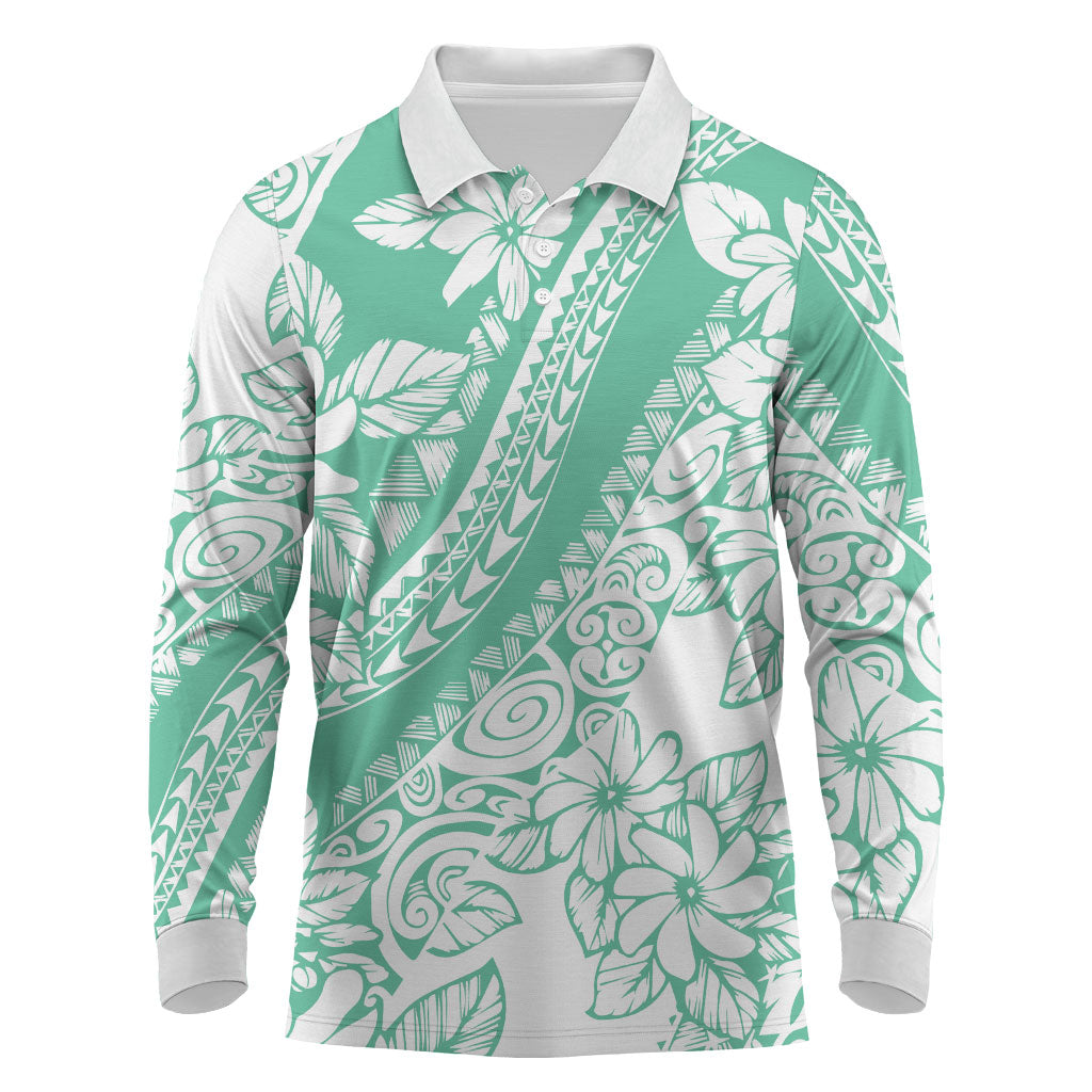Polynesian Tiare Flower Cyan Pastel Vibes Long Sleeve Polo Shirt LT14 Cyan - Polynesian Pride