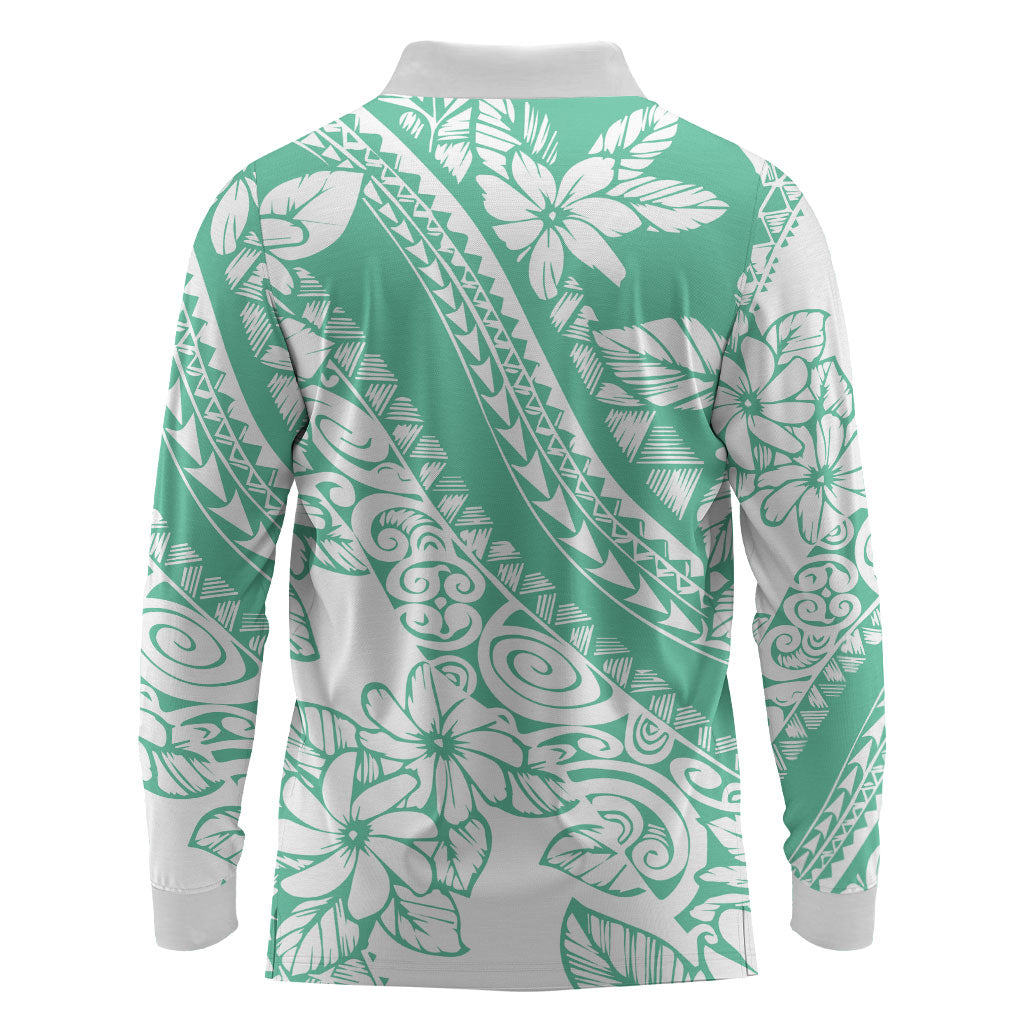 Polynesian Tiare Flower Cyan Pastel Vibes Long Sleeve Polo Shirt LT14 - Polynesian Pride