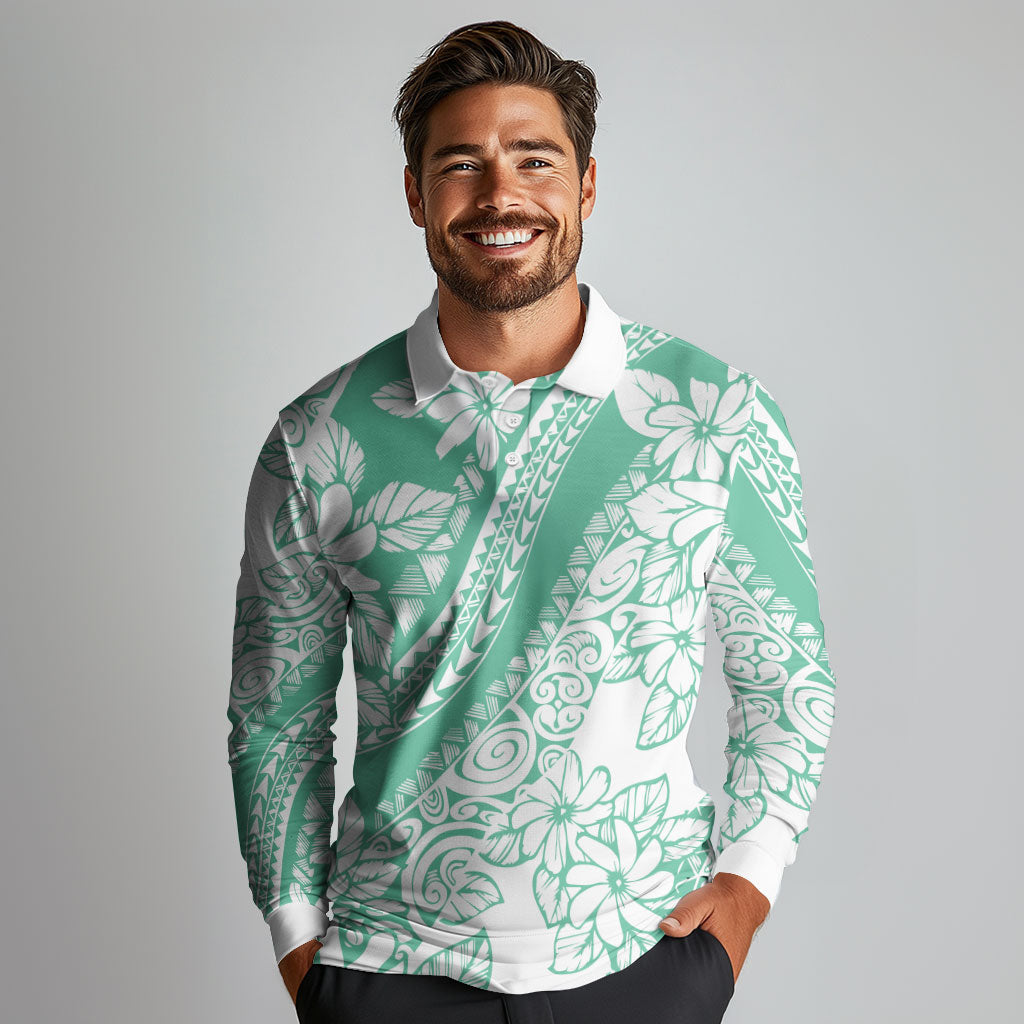 Polynesian Tiare Flower Cyan Pastel Vibes Long Sleeve Polo Shirt LT14 - Polynesian Pride