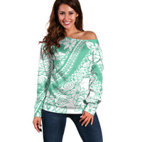 Polynesian Tiare Flower Cyan Pastel Vibes Off Shoulder Sweater