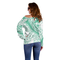 Polynesian Tiare Flower Cyan Pastel Vibes Off Shoulder Sweater