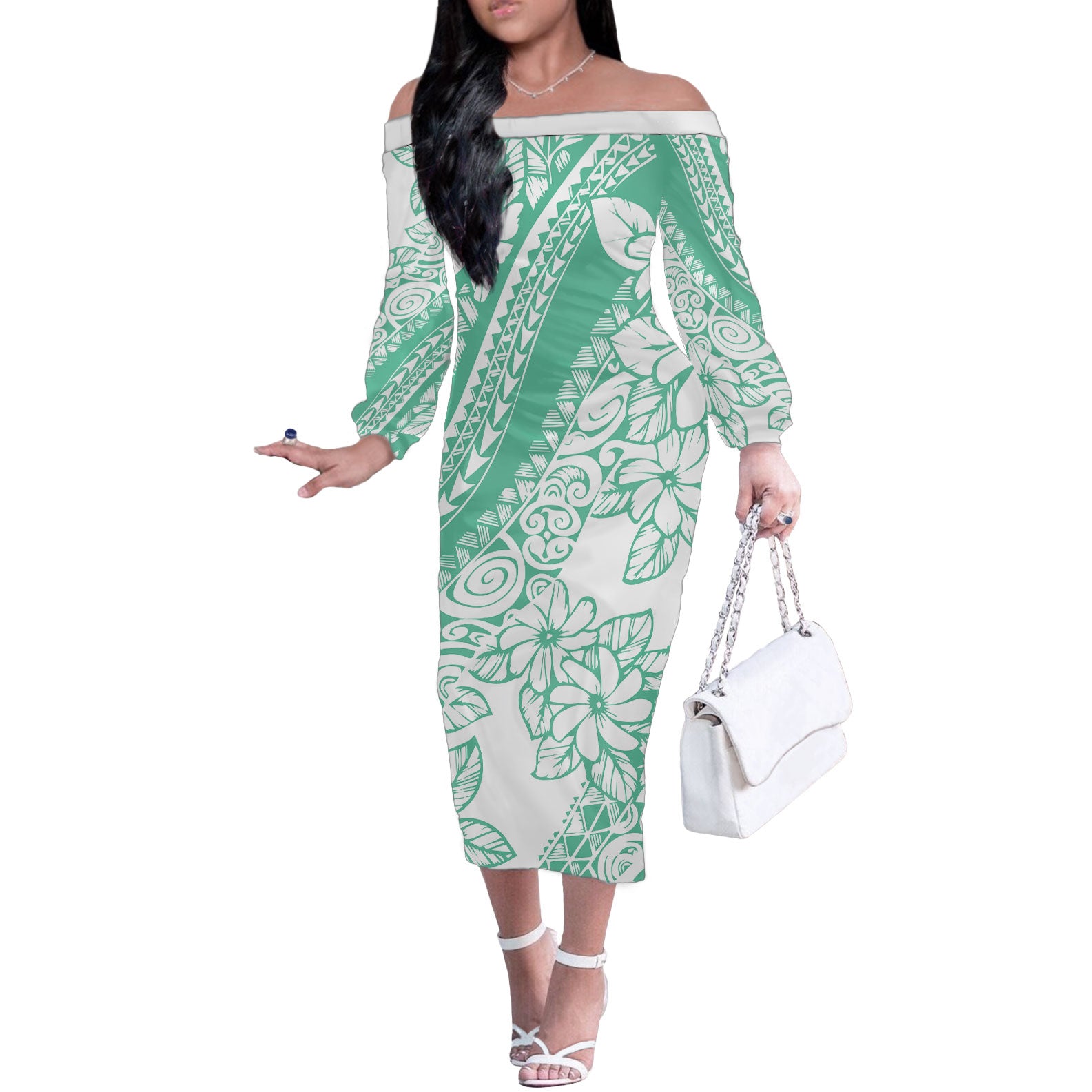 Polynesian Tiare Flower Cyan Pastel Vibes Off The Shoulder Long Sleeve Dress