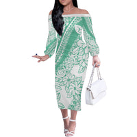 Polynesian Tiare Flower Cyan Pastel Vibes Off The Shoulder Long Sleeve Dress LT14 Women Cyan - Polynesian Pride