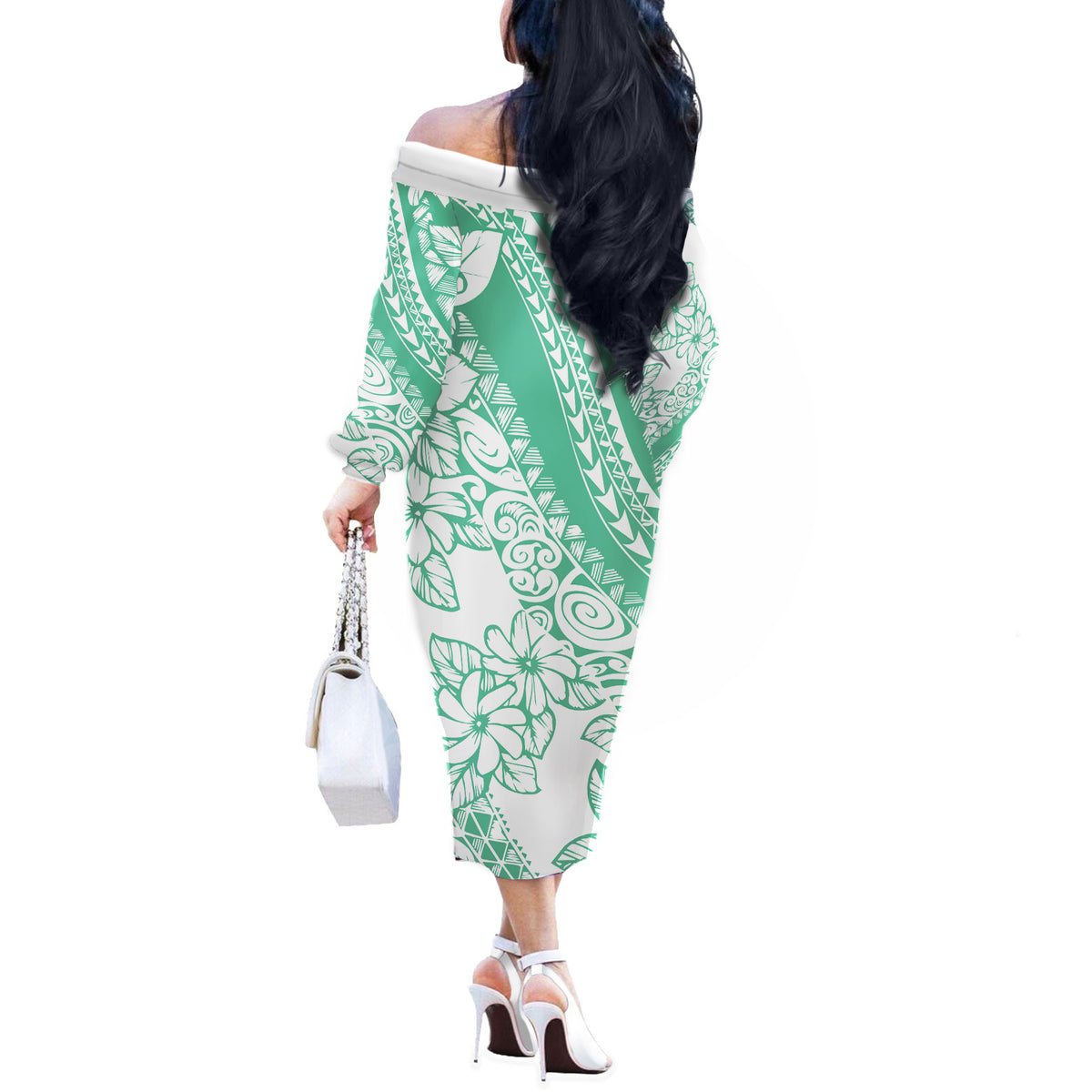 Polynesian Tiare Flower Cyan Pastel Vibes Off The Shoulder Long Sleeve Dress LT14 - Polynesian Pride