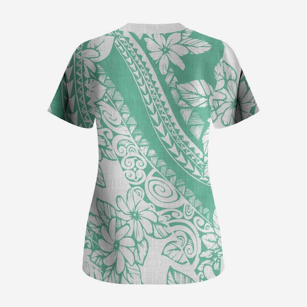 Polynesian Tiare Flower Cyan Pastel Vibes Scrub Top LT14 - Polynesian Pride