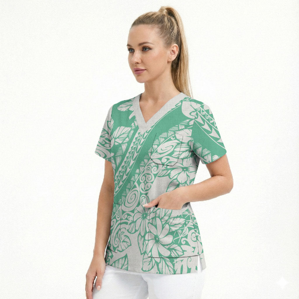 Polynesian Tiare Flower Cyan Pastel Vibes Scrub Top LT14 - Polynesian Pride
