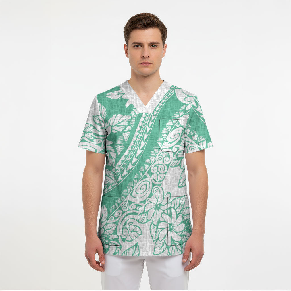 Polynesian Tiare Flower Cyan Pastel Vibes Scrub Top LT14 - Polynesian Pride